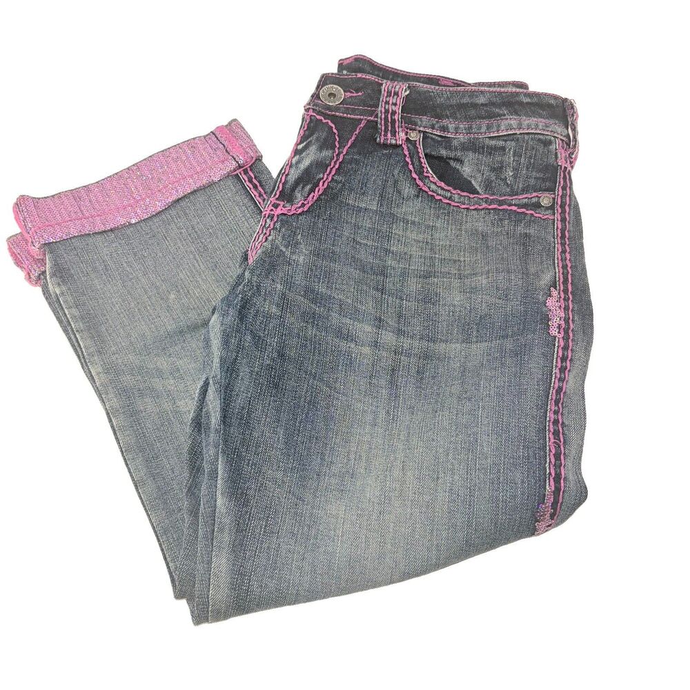 Cowgirl Tuff Pink Sparkle Sequin Capris Jeans Distressed Women's Size 28